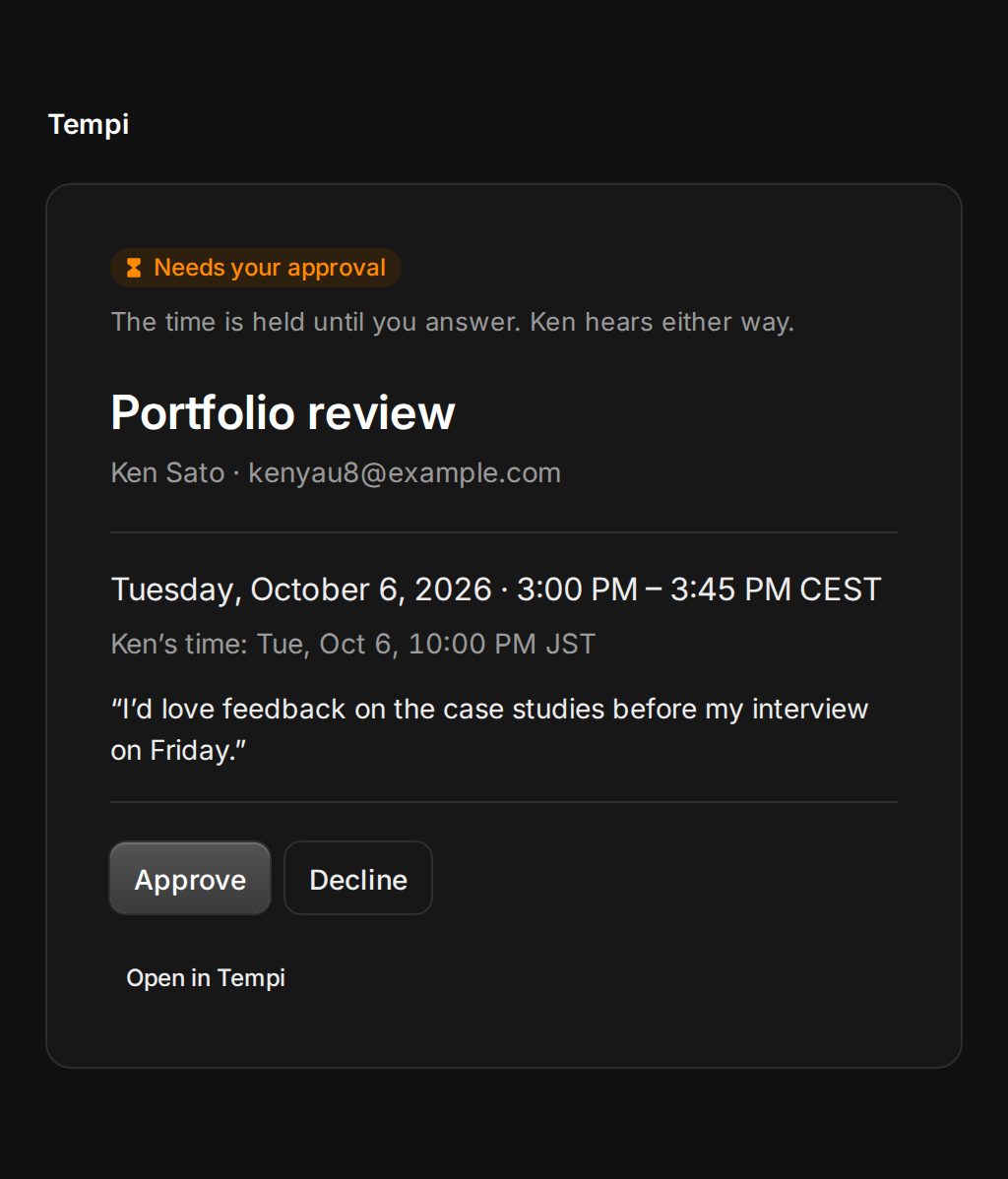A request for Portfolio review from Ken Sato, with the time in Central European Time and in his, his note, and Approve and Decline buttons.