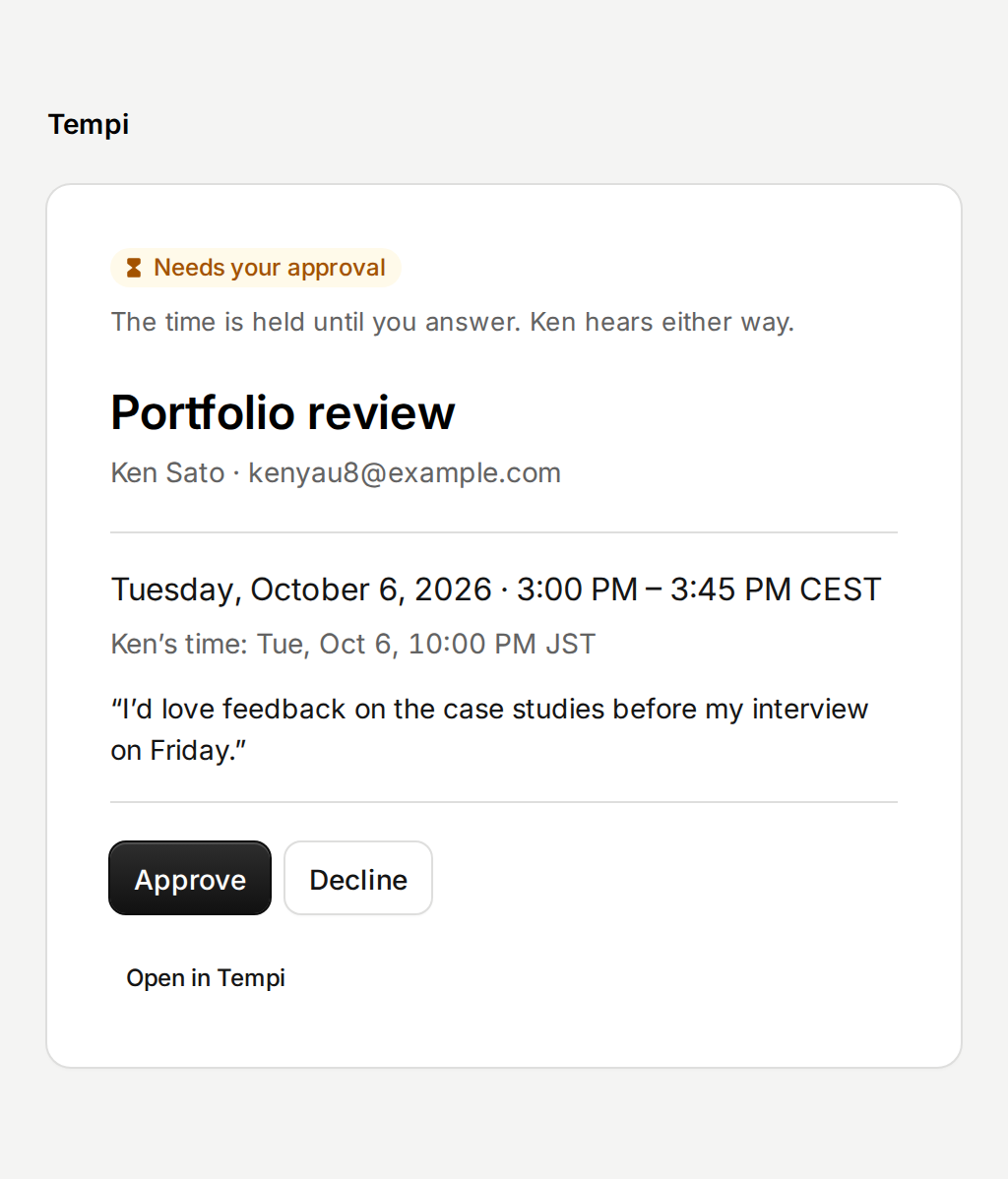 A request for Portfolio review from Ken Sato, with the time in Central European Time and in his, his note, and Approve and Decline buttons.