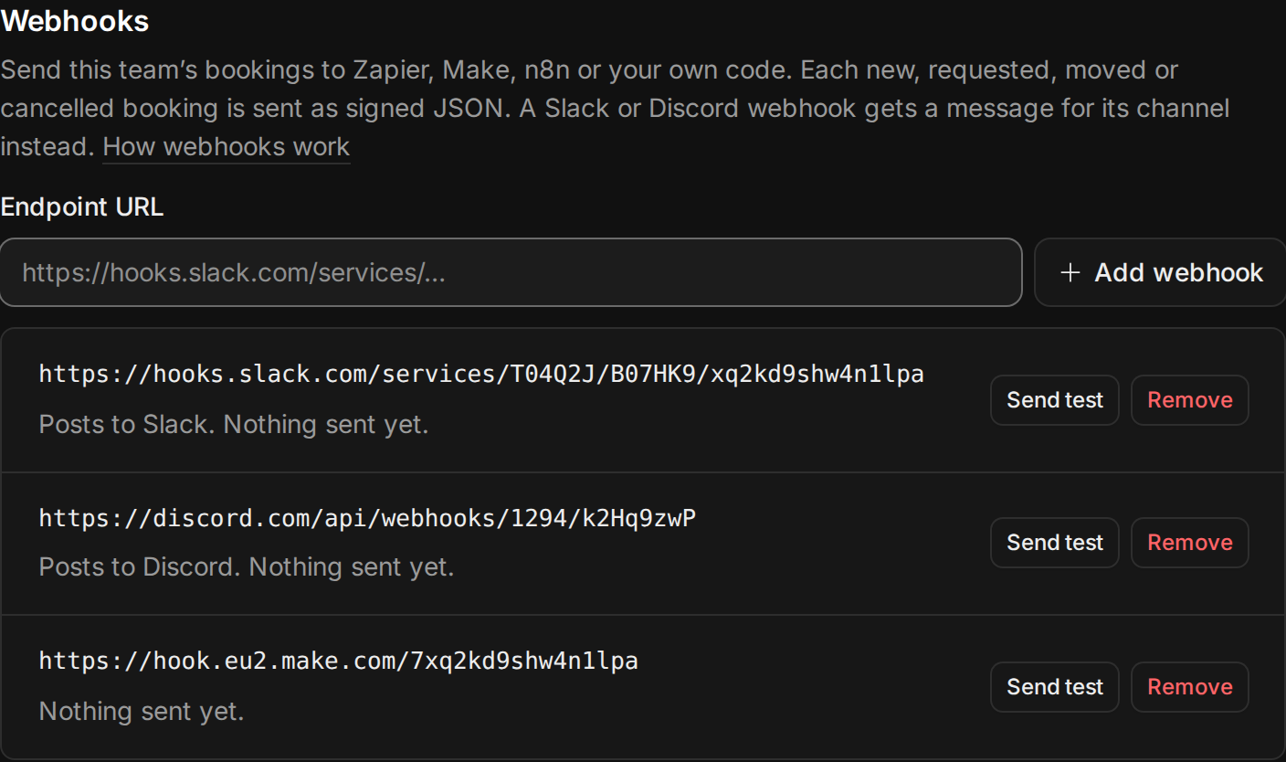 The Webhooks section of a team page with three webhooks: one posts to Slack, one to Discord, and one sends JSON to Make.