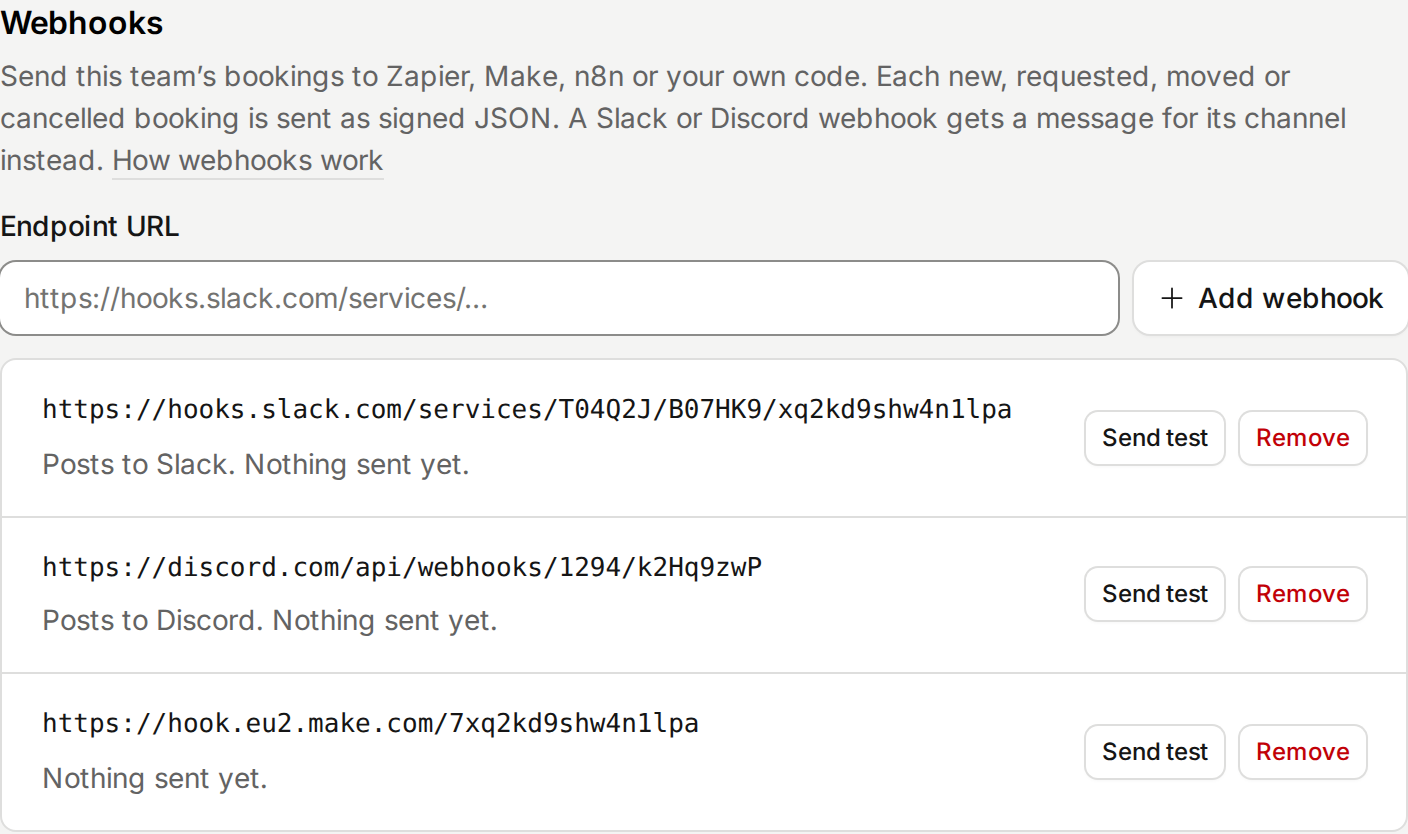 The Webhooks section of a team page with three webhooks: one posts to Slack, one to Discord, and one sends JSON to Make.
