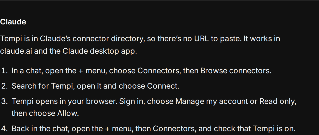 The Claude steps in the guide to connecting your AI assistant: in a chat, open the + menu, choose Connectors, then Browse connectors, search for Tempi and choose Connect, then sign in to Tempi and choose Allow.