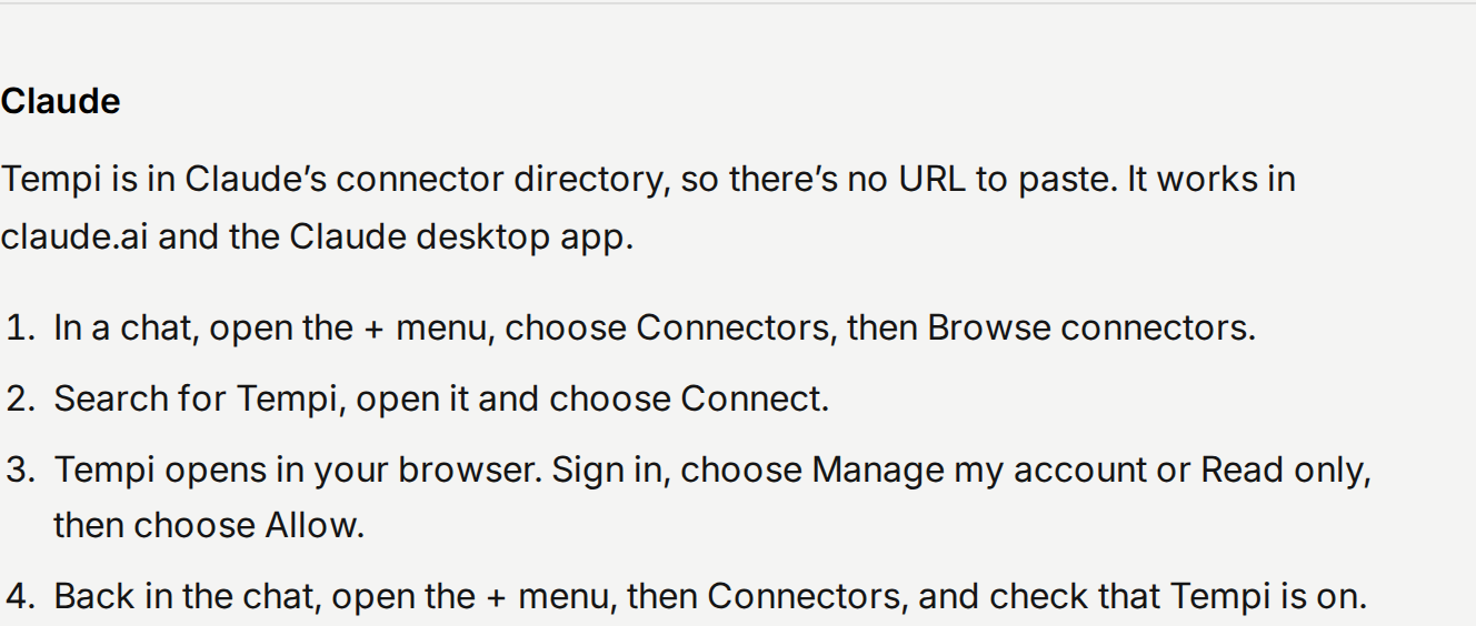 The Claude steps in the guide to connecting your AI assistant: in a chat, open the + menu, choose Connectors, then Browse connectors, search for Tempi and choose Connect, then sign in to Tempi and choose Allow.