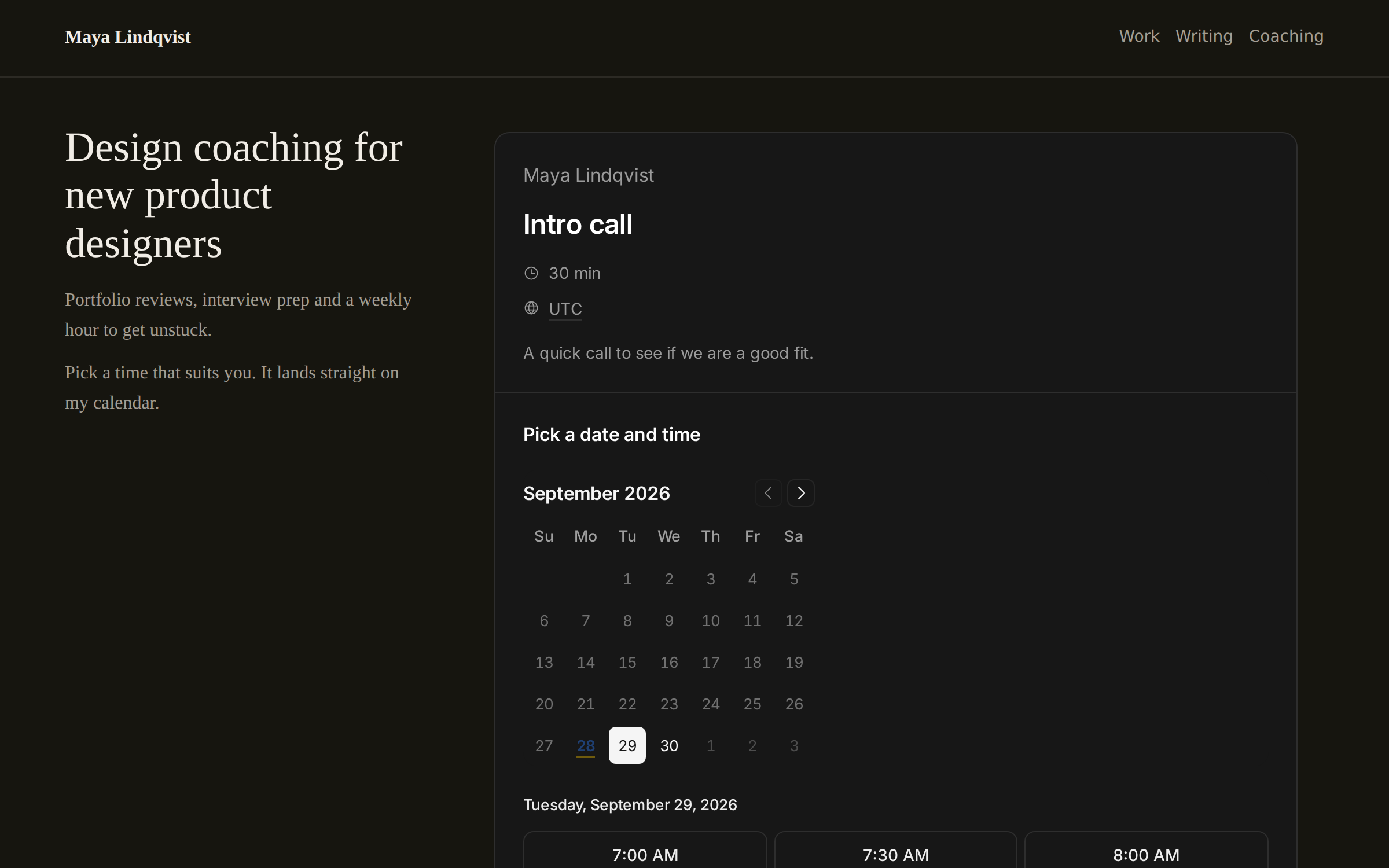 A personal website with a Tempi booking page embedded in it.