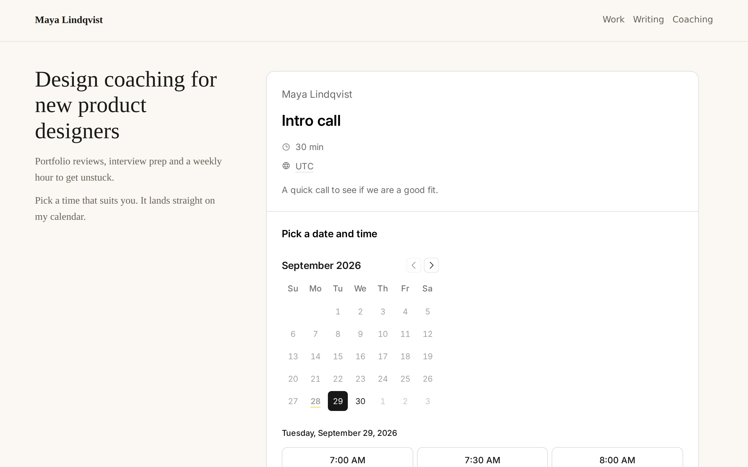A personal website with a Tempi booking page embedded in it.