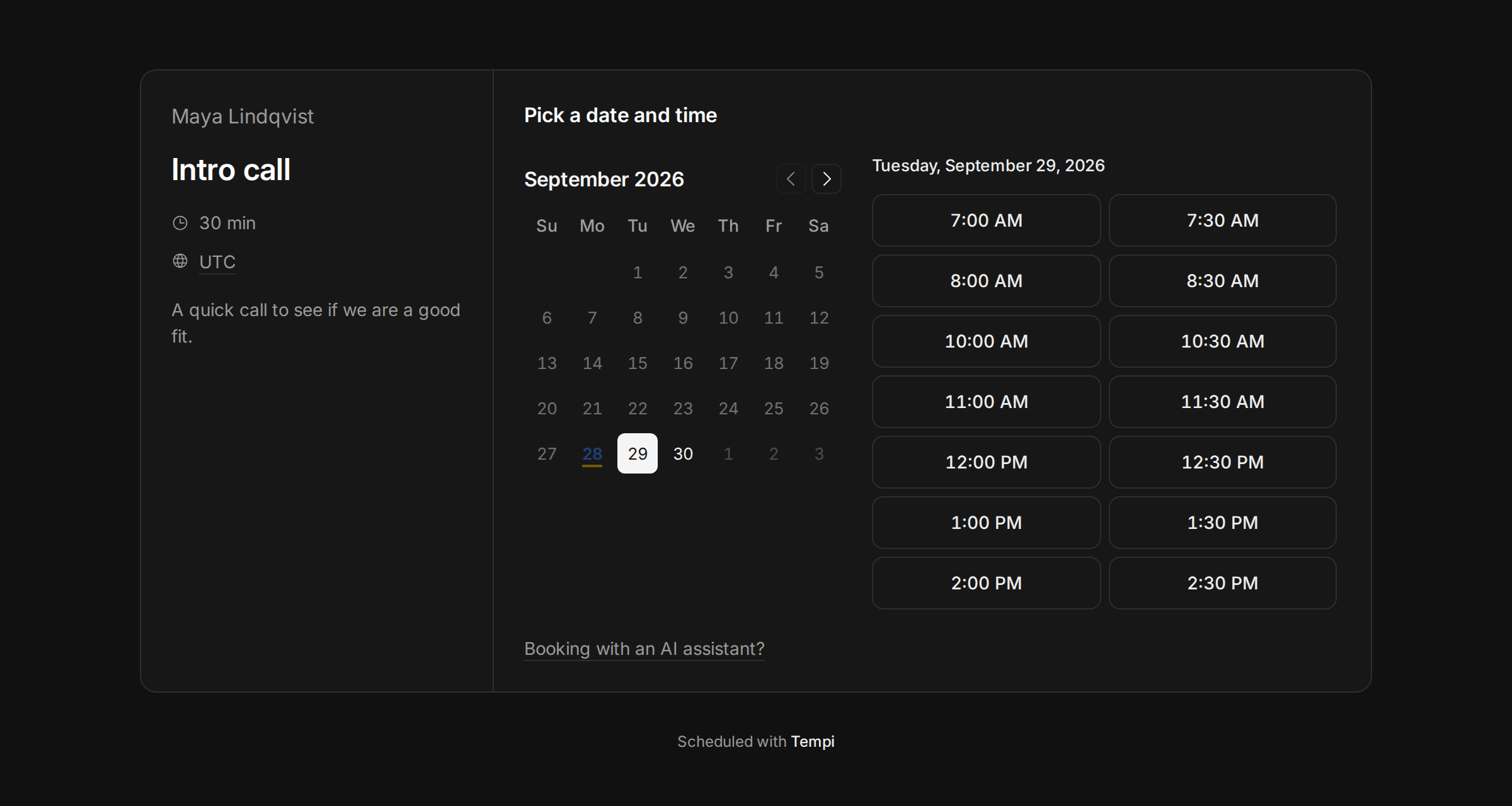 A Tempi booking page with a calendar and the open times for a day.