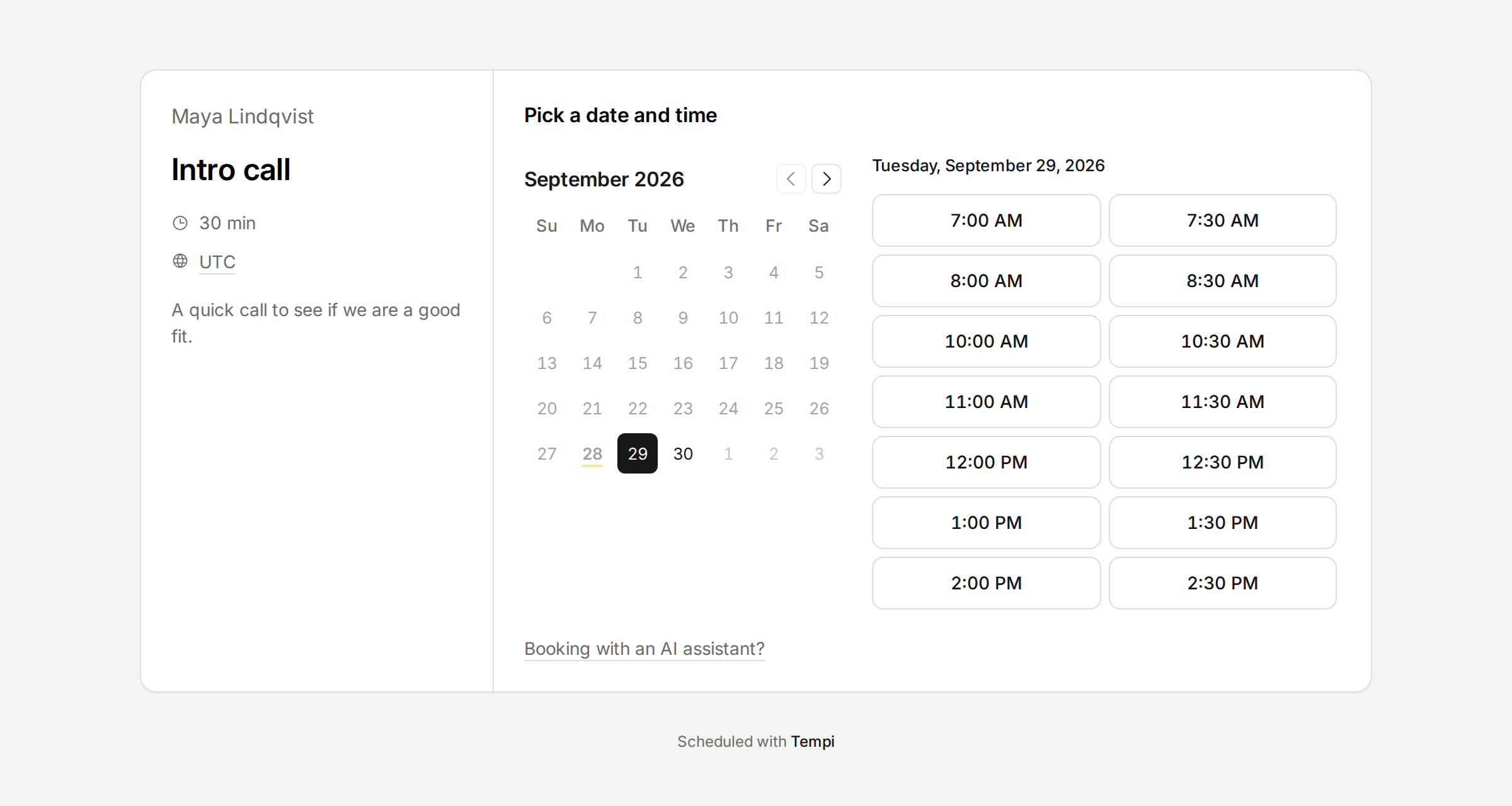 A Tempi booking page with a calendar and the open times for a day.