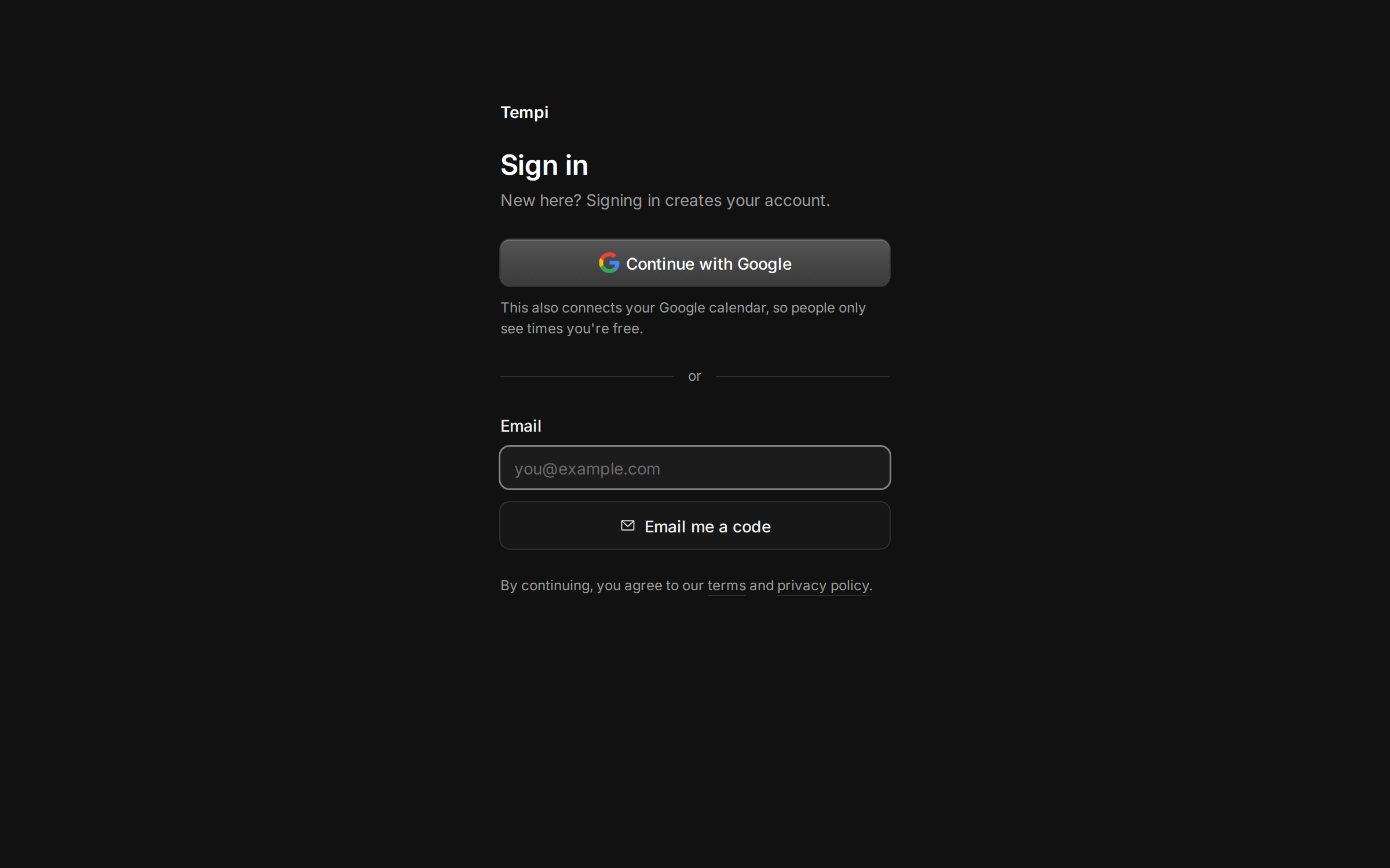 The sign-in page, with Continue with Google above the email field.