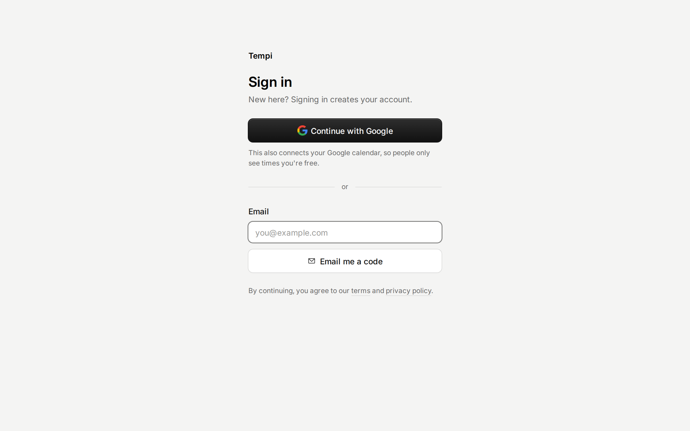 The sign-in page, with Continue with Google above the email field.