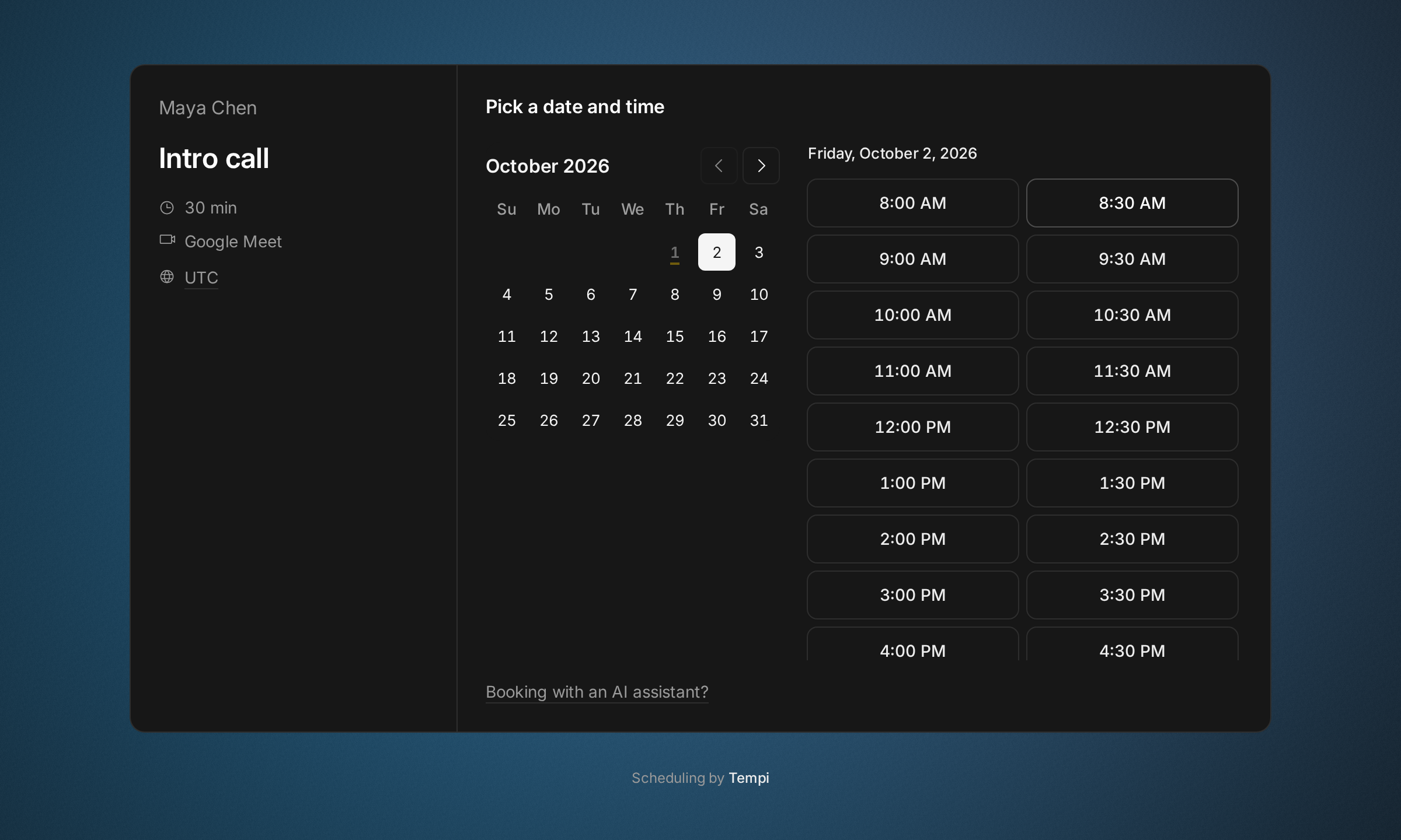 A booking page for an intro call with a soft blue morning light behind it, while the pointer is on 8:30 AM.