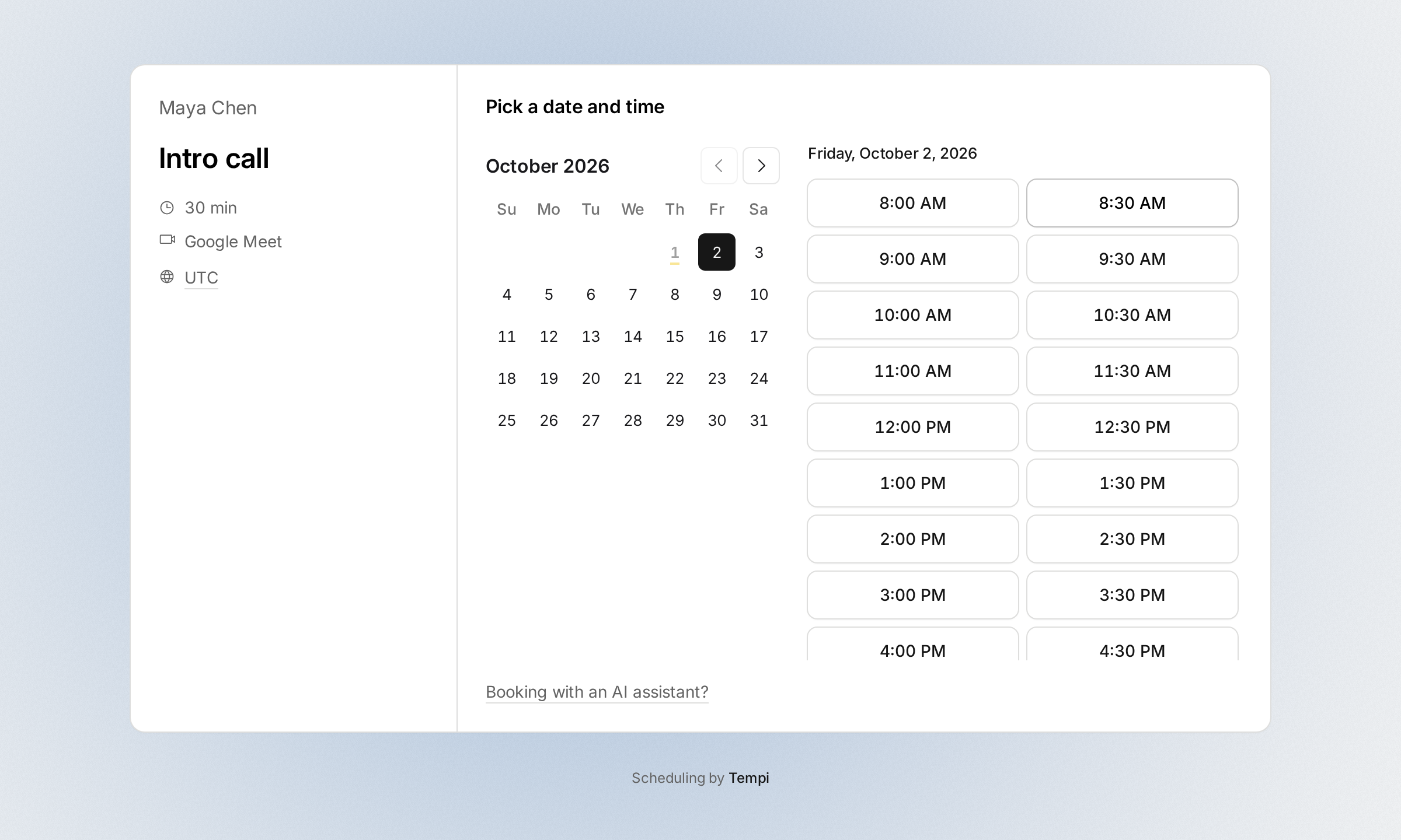 A booking page for an intro call with a soft blue morning light behind it, while the pointer is on 8:30 AM.