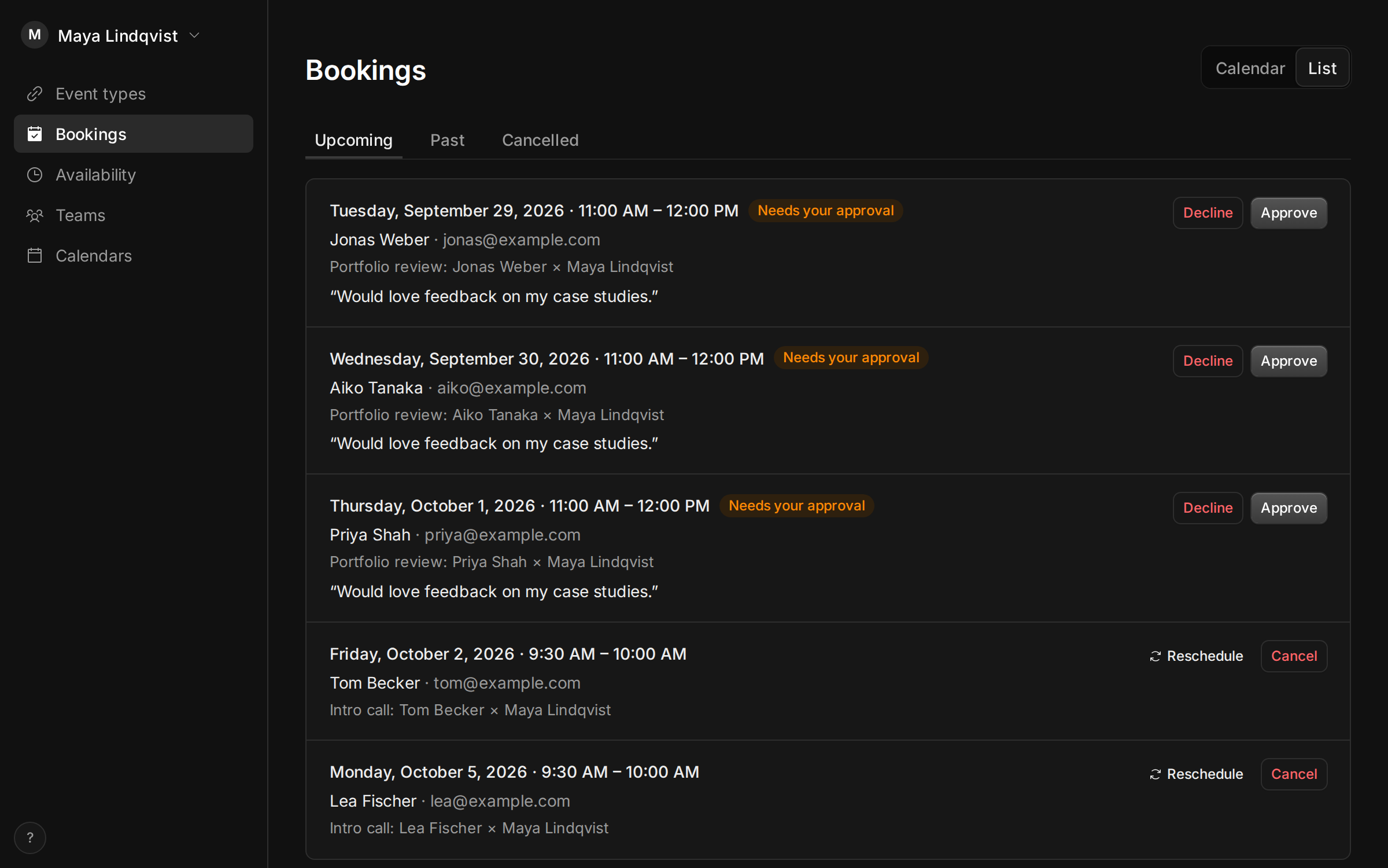 The Bookings page with a request that needs approval, and Approve and Decline buttons.
