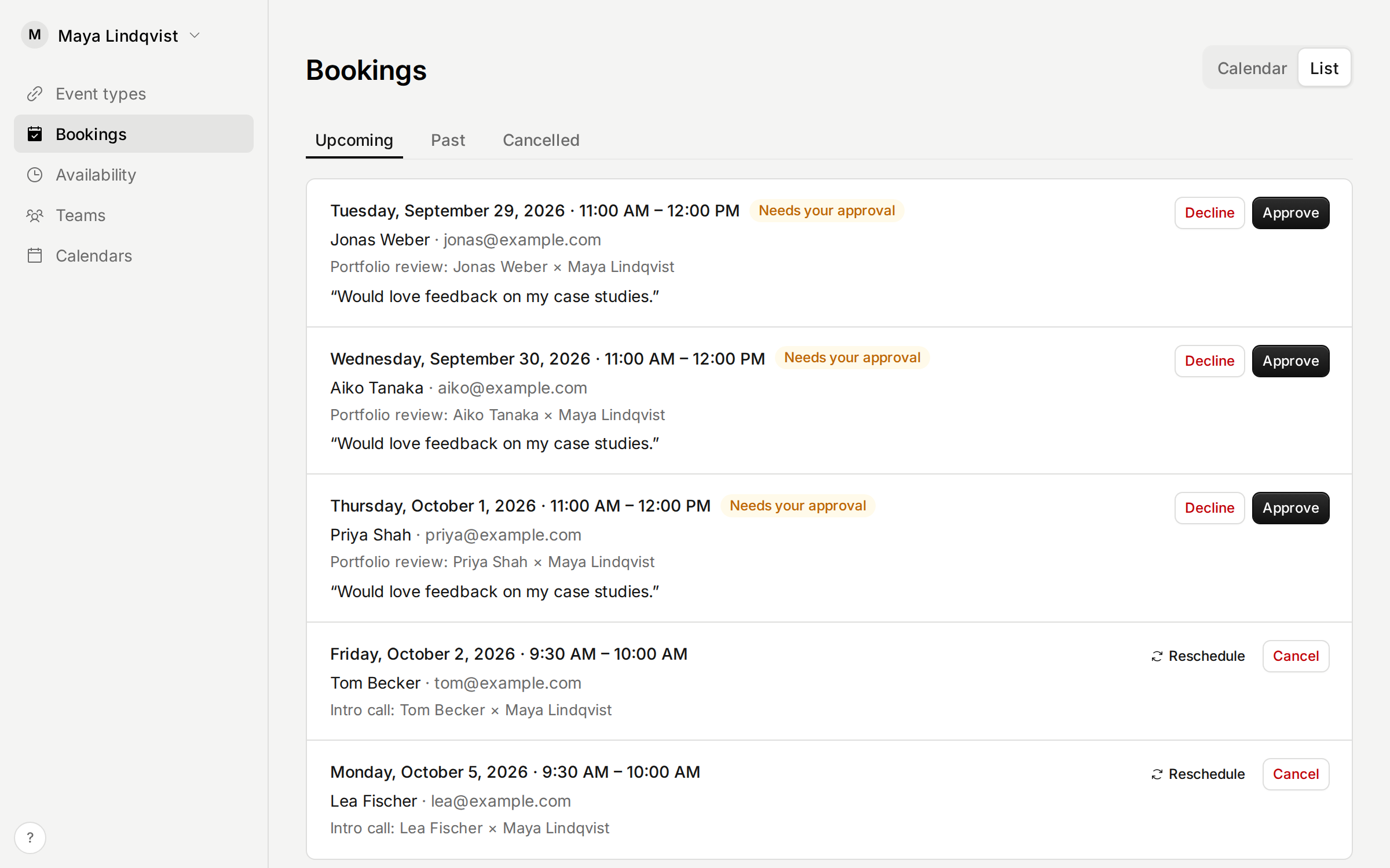 The Bookings page with a request that needs approval, and Approve and Decline buttons.