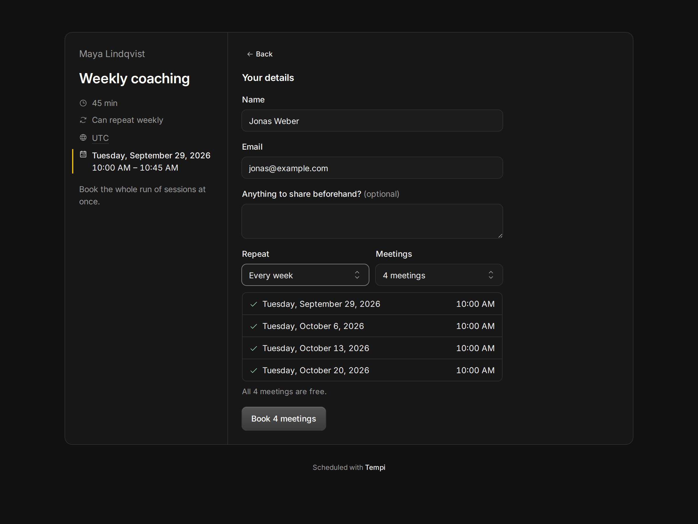A booking page with the option to repeat the meeting every week.