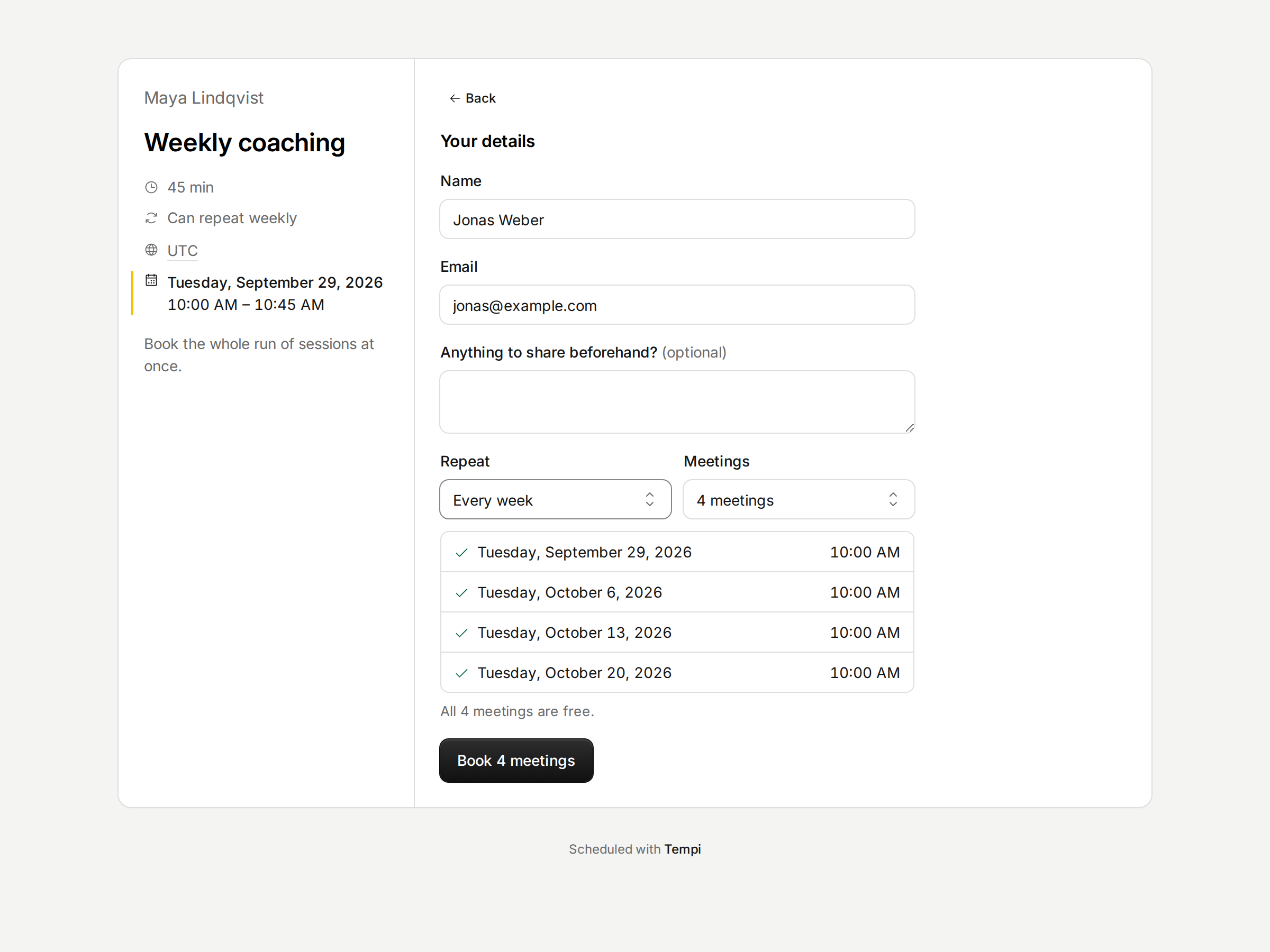 A booking page with the option to repeat the meeting every week.