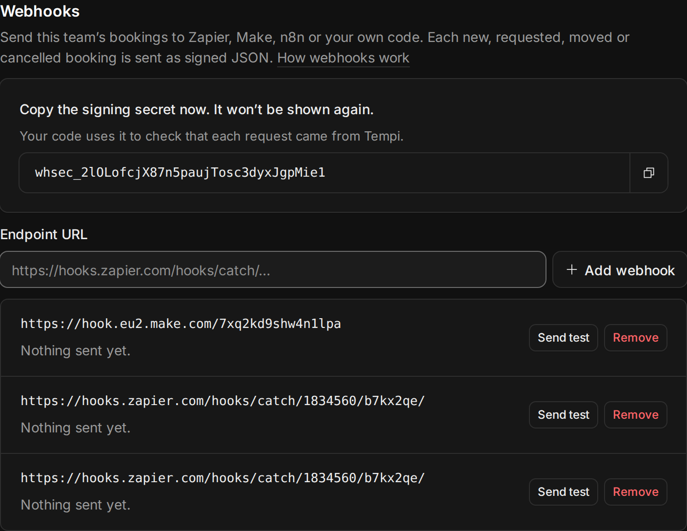 The Webhooks section of a team page: the signing secret to copy, the field to add an endpoint URL, and two webhooks, one to Make and one to Zapier, each with Send test and Remove.